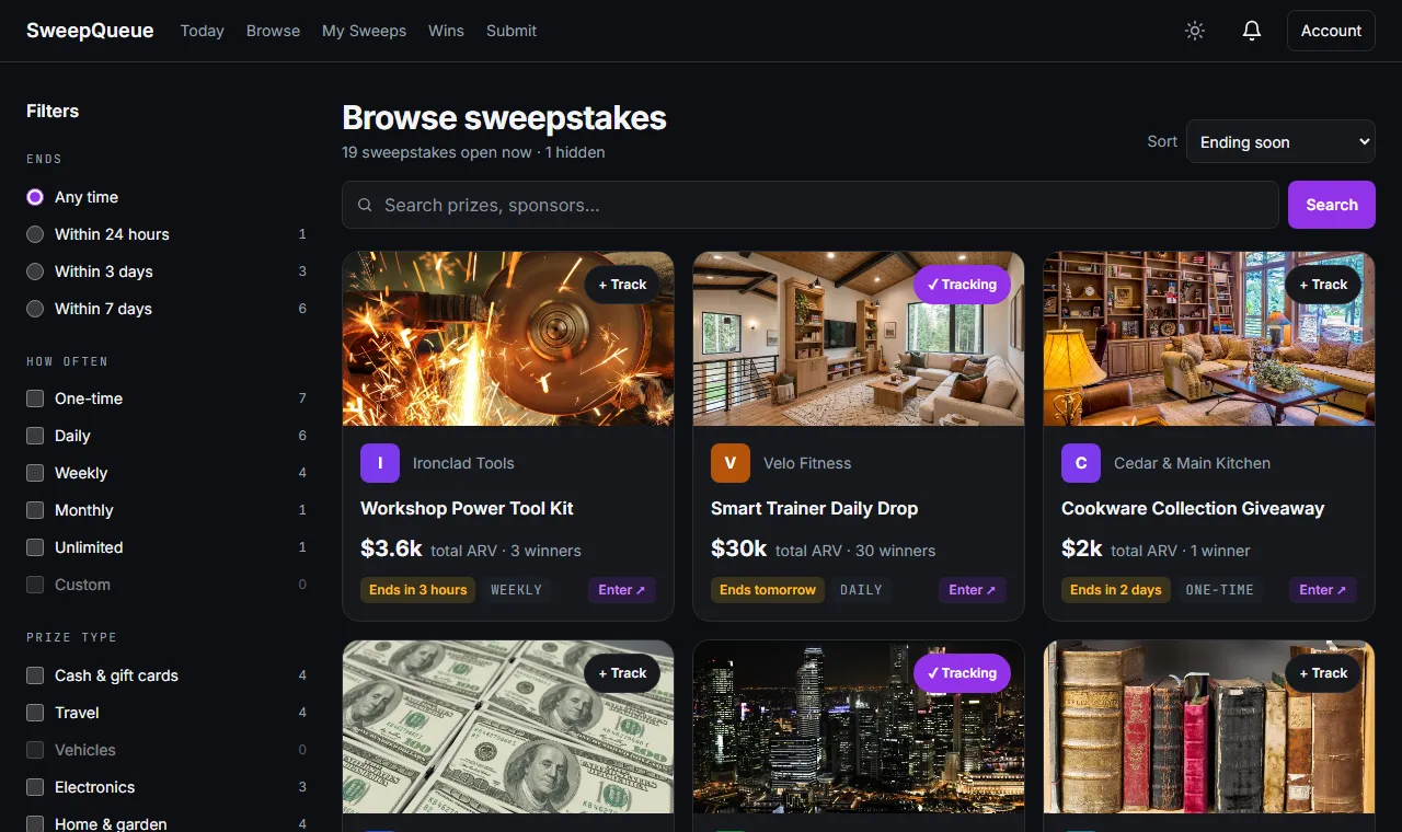 The Browse page: filters on the left, sweepstakes cards with photos, prize values, and end dates