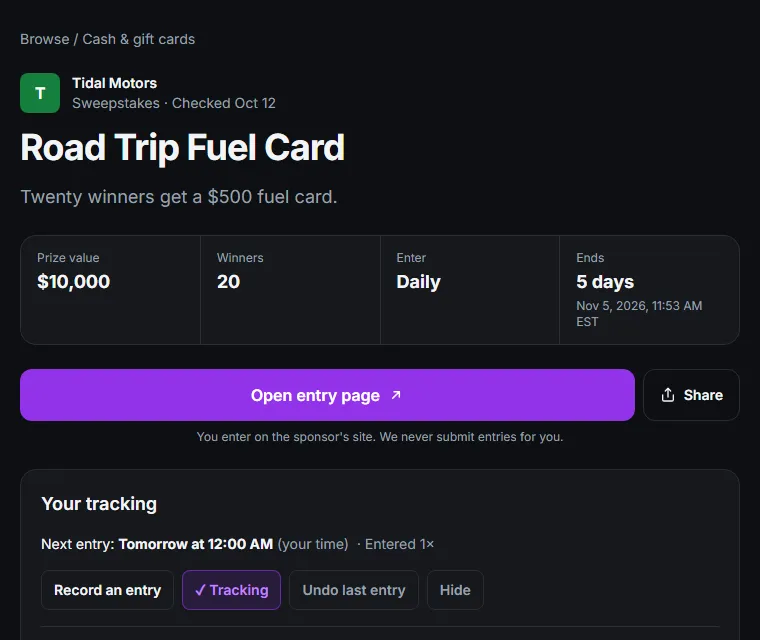 A listing page: prize value, winners, entry frequency, end date, the Open entry page button, and the Your tracking panel
