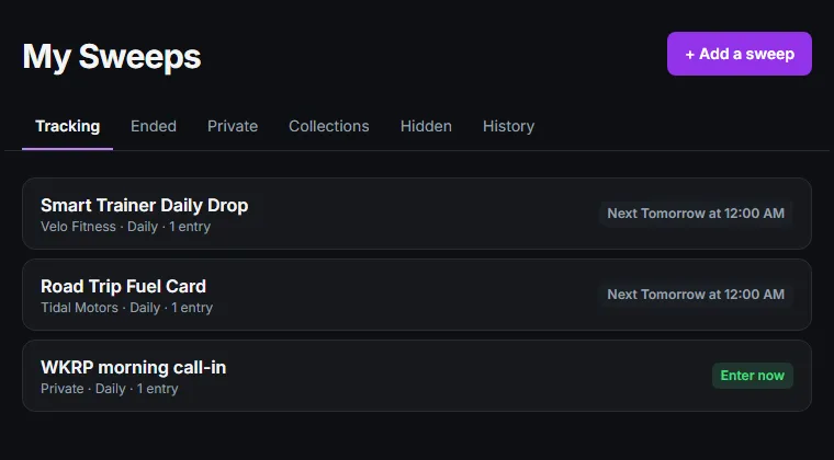 My Sweeps with tabs for Tracking, Ended, Private, Collections, Hidden, and History